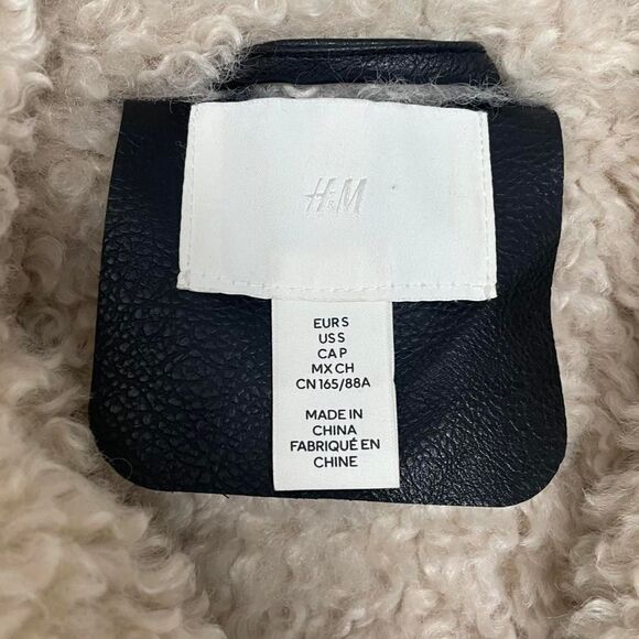 H&M Black Faux Leather Teddy Jacket Cream Shearling Lined Faux Fur Trim Sz Small - Picture 5 of 8